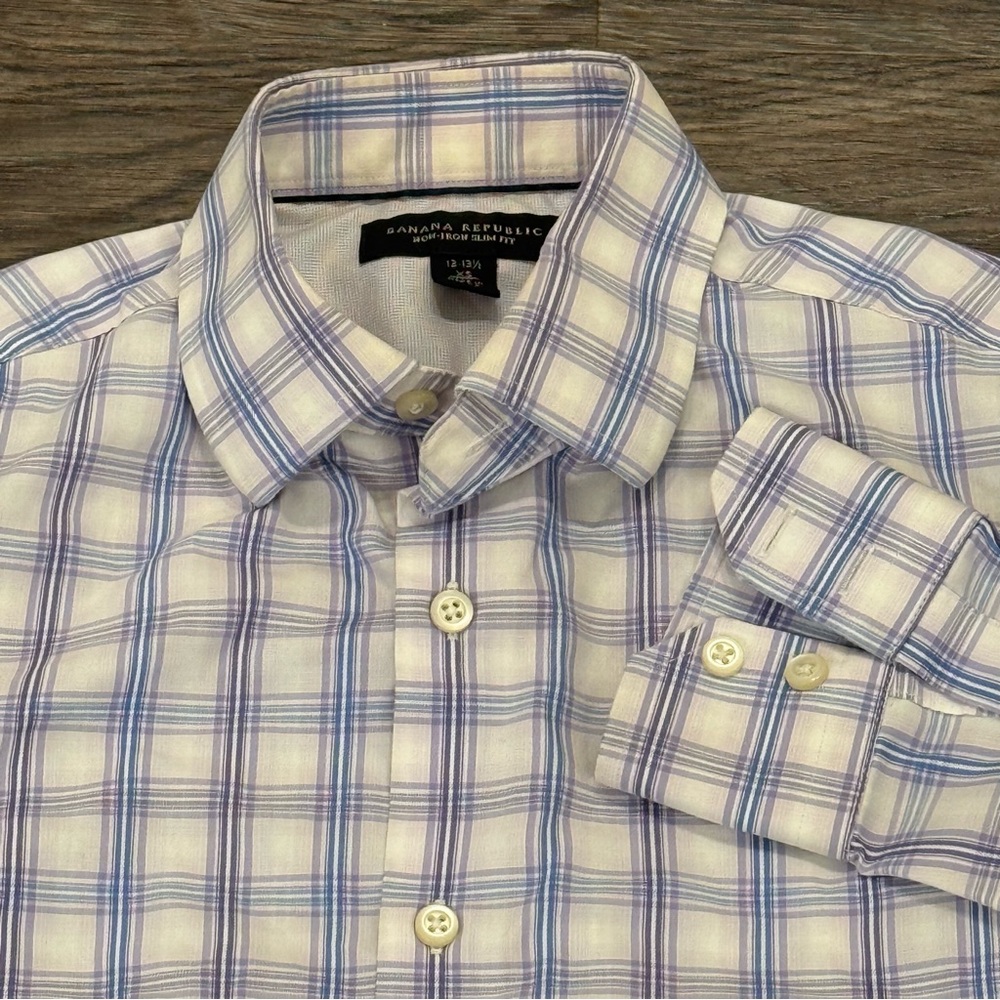 Banana‎ Republic Men’s Non-Iron Slim Fit Purple Blue Plaid Long Sleeve XS Shirt